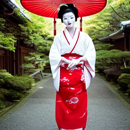 Image similar to gorgeous Japanese geisha, white makeup, red lips, kimono, full body, kyoto, high detail,