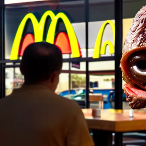 Image similar to photograph of a man with a steak head begging for food at mc donalds, 8k resolution, high detail, ULTRA REALISTIC VFX, reflections