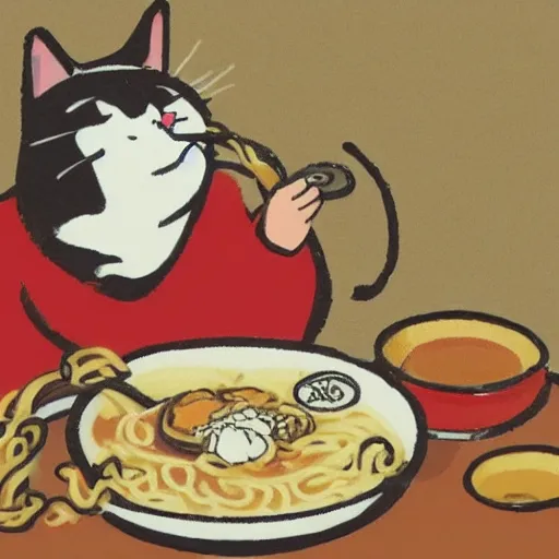 Prompt: fat cat eating ramen noodles on toast, japanese art