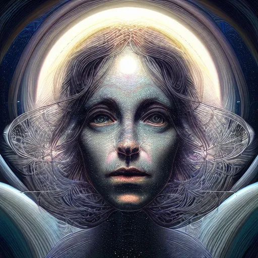 Image similar to beautiful portrait of intelligence of science, spatial space deformation in latent space, math art, astral plane, by artgerm and ( dan mumford ) and gustave dore, vray, cgsociety