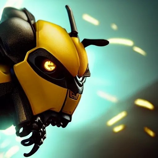 Prompt: still photo of bumblebee with fire eyes, highly detailed, photorealistic portrait, bright studio setting, studio lighting, crisp quality and light reflections, unreal engine 5 quality render