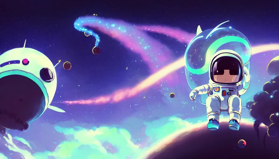 Image similar to a still of a cute kawaii astronaut android riding a large neon kaiju dragon, a detailed and dynamic outer space bsckground, a dramatic composition by wlop and greg rutkowski and makoto shinkai and studio ghibli and kyoto animation cute bubbly clothing, highly detailed, digital painting, matte