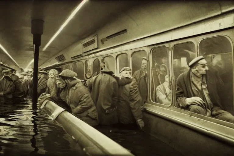 Prompt: !dream Almost completely flooded metro wagon. Photo from inside the wagon, in the center of the frame stands one calm man up to his chest in water and looks at the camera. Warm lighting, old color photo, USSR, extremely detailed, 8k