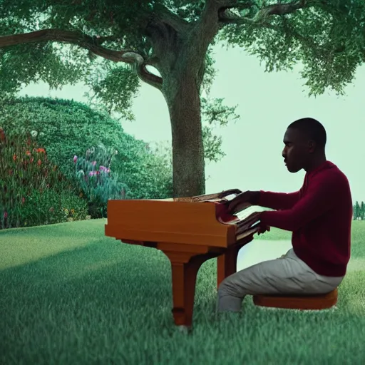 Prompt: Frank Ocean playing the piano in the middle of a garden by Wes Anderson, vintage camera, dreamy, atmospheric, golden hour, cinematic lighting, 8K concept art, melancholy