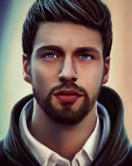 Prompt: portrait of a man in his mid - twenties with dull blue eyes, short dark blond hair, short goatee, ultra realistic, epic, highly detailed, hd, sharp focus, cinematic lighting, realistic, dreamy, vivid colors, dreary, morose, matt painting, digital art, non blurry, sharp, artstation, concept art, smooth, illustration