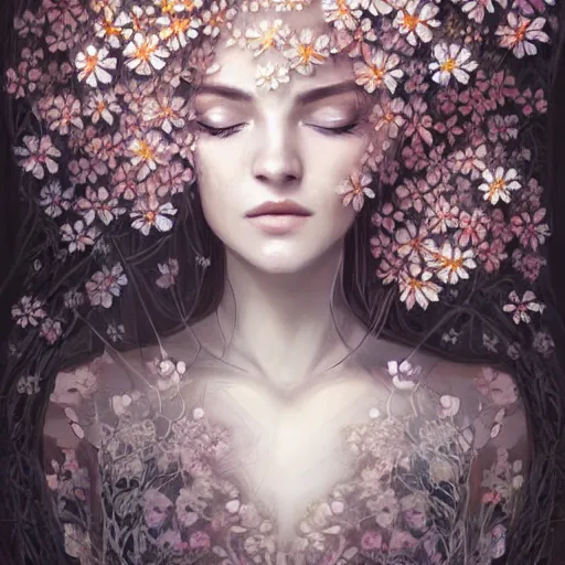 Prompt: a picture of a beautiful woman with a symmetrical detailed face, dressed in a white lace dress and covered in flowers and leaves sitting in an enchanted forest, sunset, high fantasy, elegant, epic, detailed, intricate, digital painting, concept art, realistic detailed face, smooth, focus, rim light