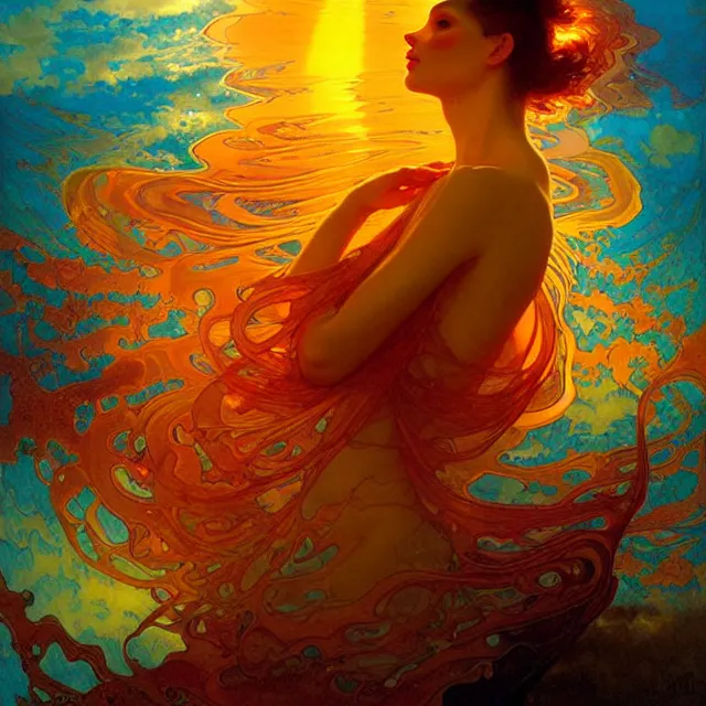 Image similar to transcendent mind bending indigo waves of glossy psychedelic liquid honey flowing like kaleidoscopic translucent amber, lsd waves, honey ripples, enlightenment, dramatic professional lighting, refracted sunset lighting, art by collier, albert aublet, krenz cushart, artem demura, alphonse mucha