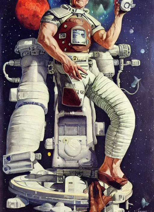 Image similar to 5 0 s pulp scifi fantasy illustration full body portrait martyn ford in spacesuit meets alien man from venus, by norman rockwell, roberto ferri, daniel gerhartz, edd cartier, jack kirby, howard v brown, ruan jia, tom lovell, frank r paul, jacob collins, dean cornwell, astounding stories, amazing, fantasy, other worlds