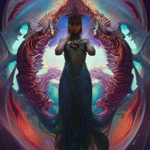 Image similar to astral dragon, cinematic lighting, intricate, elegant, highly detailed, digital painting, artstation, sharp focus, illustration, psychedelic colors, art by artgerm and greg rutkowski and alphonse mucha and Wayne Barlowe and william-adolphe bouguereau