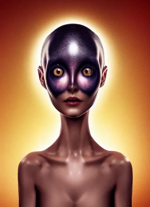 Image similar to nervous alien girl with two big cute eyes, the head is tightly wrapped in plastic wrap with a market label on it. high detail, realistic, symmetrical face, photoreal