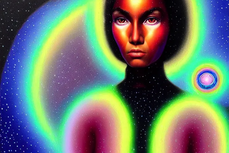 Image similar to patron saint of 🛸🌈👩🏾, futuristic iridescent clothing, wormhole, nebula, black hole, multiverse, neon god of city character portrait, in the style of margaret keane, moebius, tom bagshaw, and waterhouse, cinematic lighting, beautiful, elegant, oil painting,