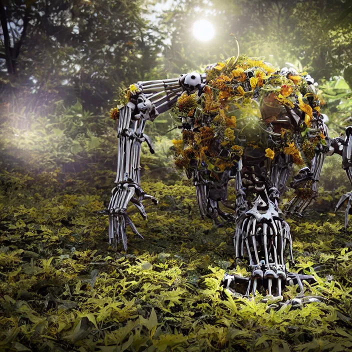 Image similar to overgrown foliage over a full - robot skeleton on the ground, close - up, 3 5 mm, f 1. 8, bokeh, beautiful, lens flare, emotional, sweet, flowers, detailed, picture, trending on artstation, award - winning, shiny, golden