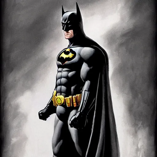 Image similar to An ultra-realistic portrait painting of Batman in the style of Frank Frazetta. 4K. Ultra-realistic. Highly detailed. Dark fantasy. Epic lighting.