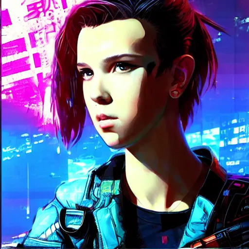 Prompt: Cyberpunk Millie Bobby Brown by RossDraws by Yoji Shinkawa