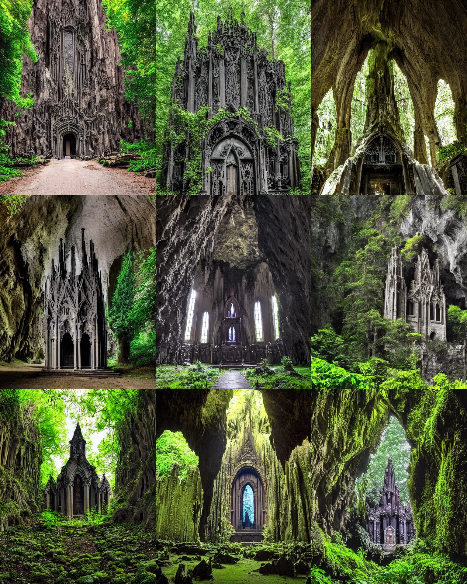 Prompt: gothic temple, inside an enormous vast cave, huge trees, vines, waterfall