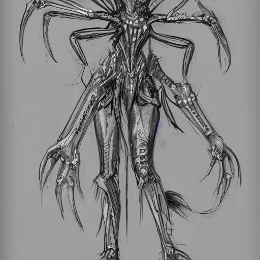 Image similar to concept art sketch of a cyberpunk insectoid underwater monster queen and her minions