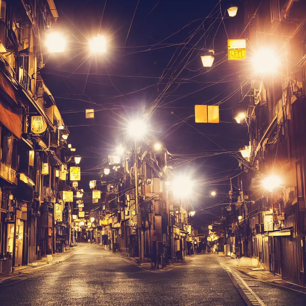 Image similar to photograph of kyoto street at night, bright street lamps, lens flare