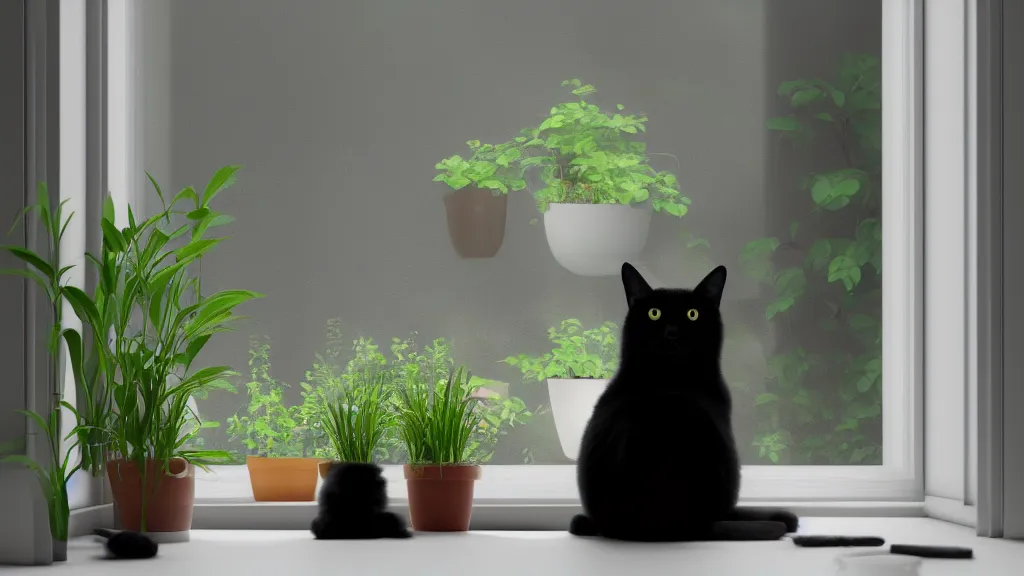 Image similar to peaceful dreamy painting of a black cat sitting by a window and looking outside, sunshine coming through the window, small plants on the window sill, 8k, hyper realism, trending on artstation, octane render