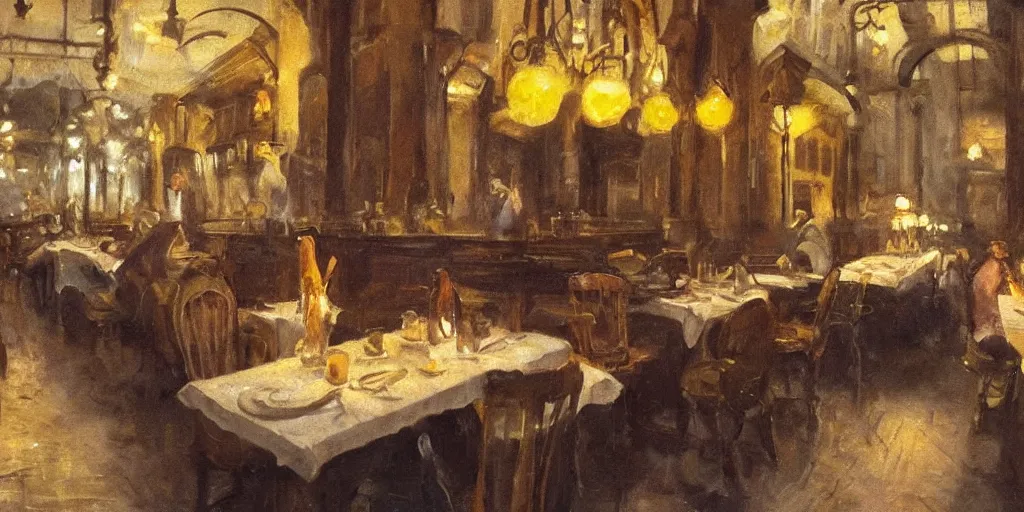 Image similar to brown cat with yellow eyes is sitting at table in a cafe at paris in early 2 0 th century. atmospheric feeling, warm colours, brown colours, yellow colours, epic scene, cinematic, very detailed, concept art