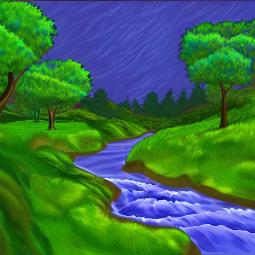 Prompt: digital art painting of a river running through a forest, very mediocre, not detailed at all.