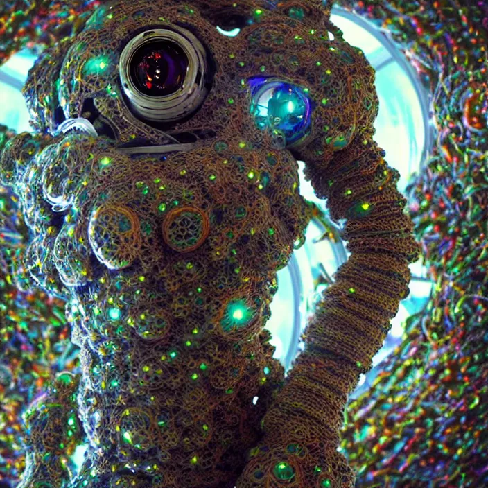 Image similar to a cybernetic symbiosis of a single astronaut mech-organic eva suit made of pearlescent wearing knitted shiny ceramic multi colored yarn thread infected with diamond 3d fractal lace iridescent bubble 3d skin dotted covered with orb stalks of insectoid compound eye camera lenses floats through the living room, film still from the movie directed by Denis Villeneuve with art direction by Salvador Dalí, wide lens,kevlar,carbon fiber,ceramics,gaseous materials,