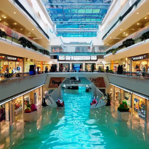 Prompt: photo of inside a shopping mall the inside is flooded with over 7 meters of water clear beautiful water, highly detailed.
