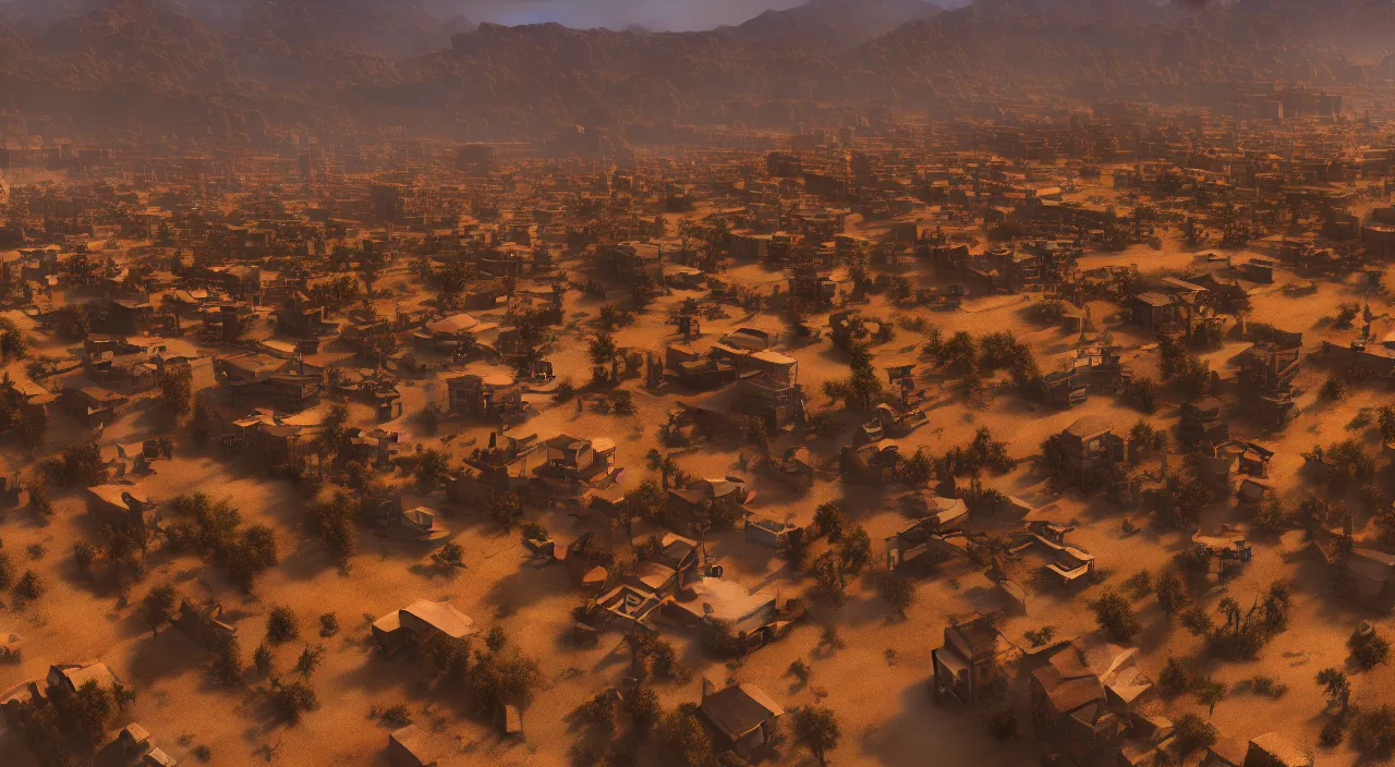 Prompt: A ground level photograph of a small village on the horizon of an empty desert, highly detailed, vibrant, colorful, 4k, cinematic lighting, artstation, cgsociety