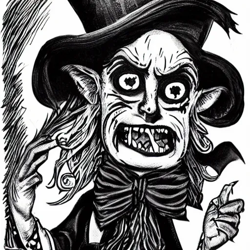 Image similar to a Pop Wonder scary horror themed goofy-hilarious-character Mad-Hatter-babadook-wearing a scarf, 3-piece-suit, dime-store-comic drawn with charcoal and pen and ink, half-tone-line-stacking