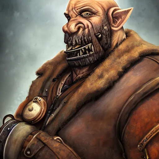 Image similar to portrait of a muscular, bald orc mechanic, wearing a heavy brown leather coat, wielding a wrench, tusks, steampunk setting, gears, airship, Warcraft character, dramatic lighting, high detail, digital art