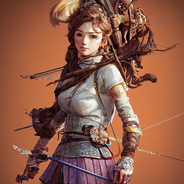 Image similar to the portrait of lawful neutral semi - colorful female archer huntress as absurdly beautiful, gorgeous, elegant, young girl, an ultrafine hyperdetailed illustration by kim jung gi, irakli nadar, intricate linework, bright colors, octopath traveler, final fantasy, unreal engine 5 highly rendered, global illumination, radiant light, detailed and intricate environment