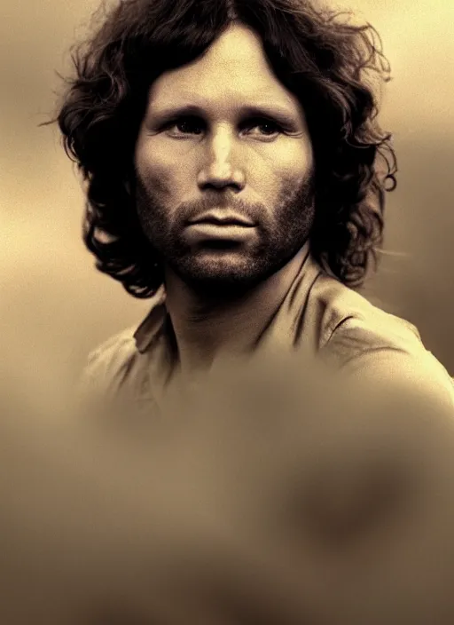 Image similar to jim morrison in real life, face centered portrait of jim morrison, confident, fog, rain, volumetric lighting, beautiful, golden hour, sharp focus, ultra detailed, cgsociety by leesha hannigan, ross tran, thierry doizon, kai carpenter, ignacio fernandez rios, noir art house, 4 k, 3 5 mm, fujifilm