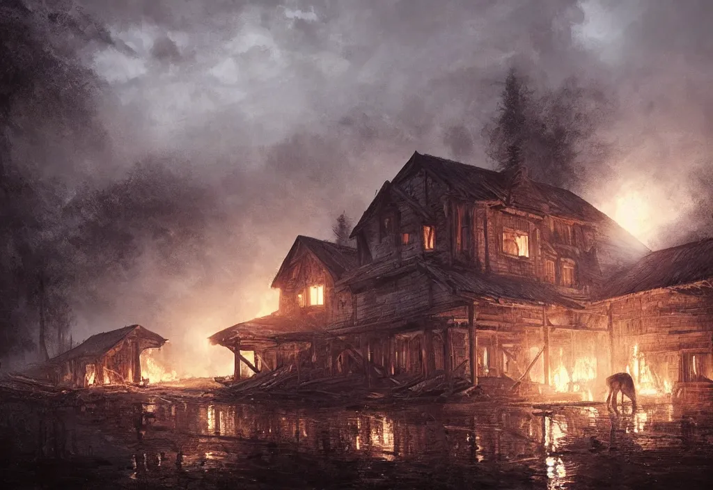 Image similar to a white wolf in front of a large burning timber house, artstation, jakub rozalski, high detail, dramatic lighting, night, rain