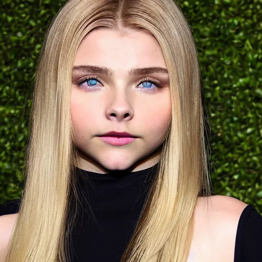 Image similar to brunette with dyed blonde hair, 21 years old, 165 cm tall, long flat blonde hair, eyes green, 30% smaller nose, smaller mouth, round shaped face, big forehead, lop eared, thin eyebrows,chloe grace moretz lookalike, real life photograph