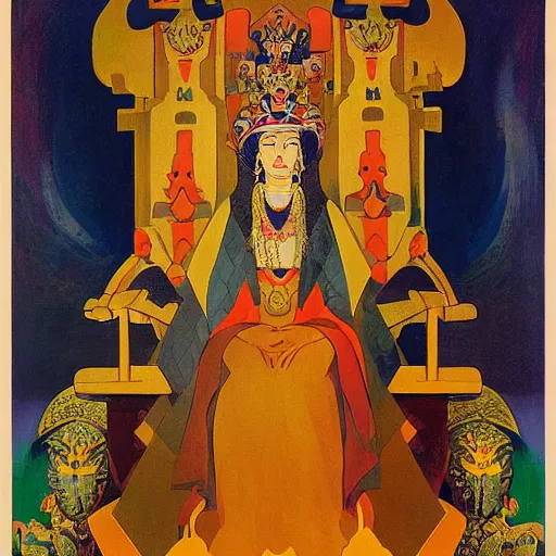 Image similar to a polish poster art representing a portrait of a queen on a carved stone throne by nicholas roerich, by gustave moreau, by james hawe, by yoshitaka amano, by georgia o keeffe, oil painting