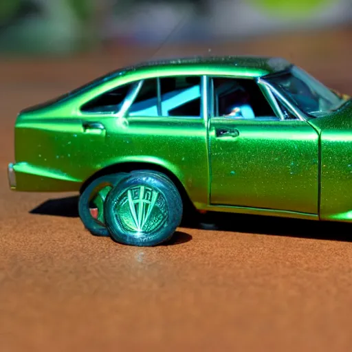 Prompt: 3 5 mm photo of metallic green aquaman car like hot wheels model with a underwater as background