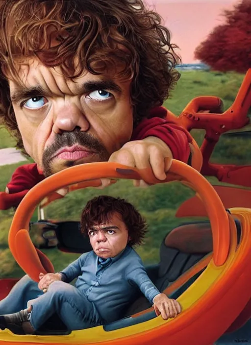 Image similar to ultrawide angle colour portrait masterpiece photography of peter dinklage driving a little tikes crazy coupe by annie leibovitz michael cheval miho hirano moebius josh kirb