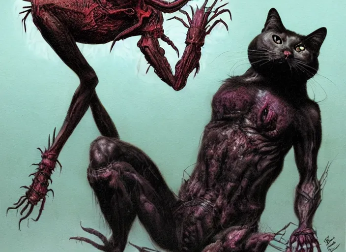 Prompt: a picture of an horrific creature with spider! torso and leg and with a black cat! head!, art by wayne barlowe and ralph horsley