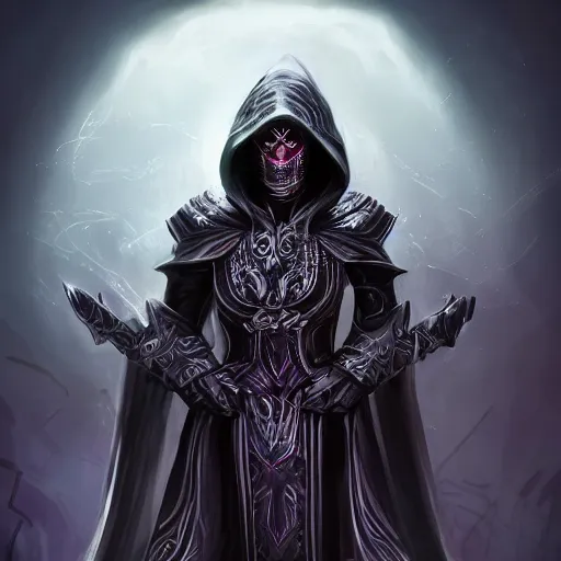 Image similar to character concept, beautiful warlock in armor, black hair, hooded cowl, intricate smooth patterns, cosmic armor, diablo splash art, cinematic lighting, hr giger style