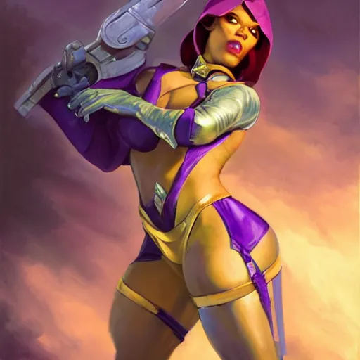 Image similar to greg manchess portrait painting of partially armored menat from street fighter as overwatch character, medium shot, asymmetrical, profile picture, organic painting, sunny day, matte painting, bold shapes, hard edges, street art, trending on artstation, by huang guangjian and gil elvgren and greg rutkowski