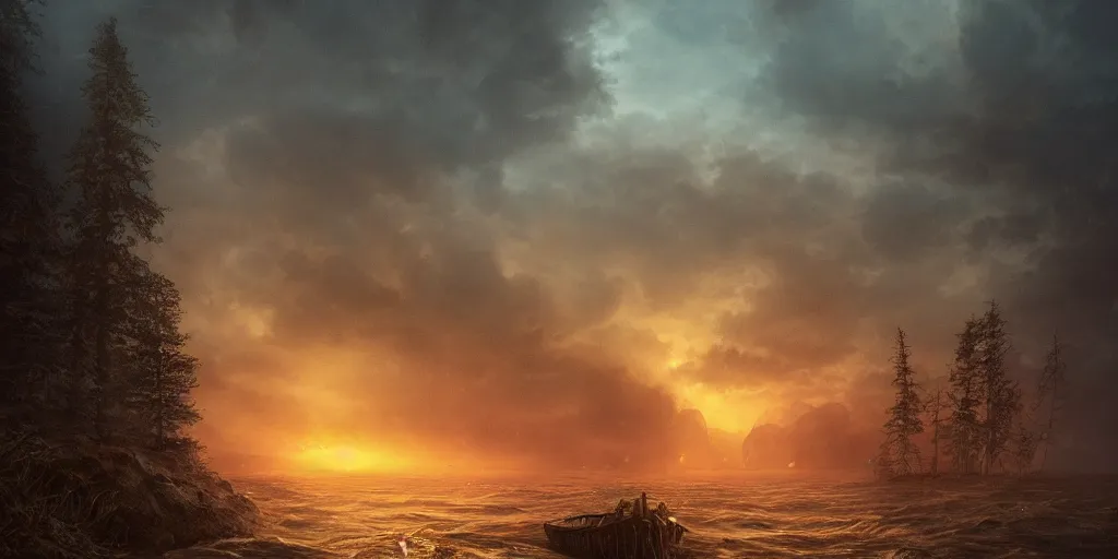 Prompt: epic ship view of a long shoreline on the edge of a dark forest and hills with evil eyes glowing between trees, drowned medieval woman shipwrecked on the shore, far in the distance is a vertical beam of light, dramatic dark glowing golden neon sunset, dynamic lighting, hyperrealistic, hd 4 k, artstation