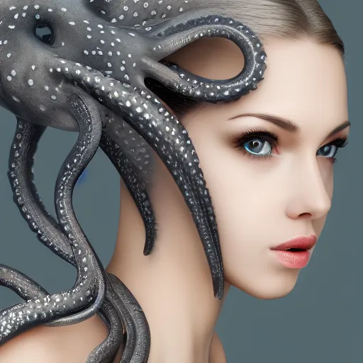 Prompt: girl with a gray octopus for hair, beautiful face, pretty face, photorealistic, 4 k resolution, wide angle lens, 1 5 mm, depth of field, serene, digital art.