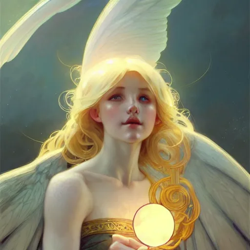 Image similar to A girl with blonde hair, glowing halo, huge highly detailed wings, fantasy, intricate, elegant, highly detailed, digital painting, artstation, concept art, smooth, sharp focus, illustration, art by Krenz Cushart and Artem Demura and alphonse mucha