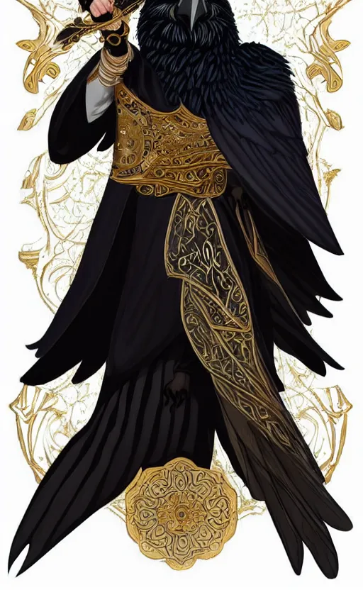 Image similar to raven headed male warlock doing wind magic, white and gold robes, exquisite details, full body character design on a white background, by studio muti