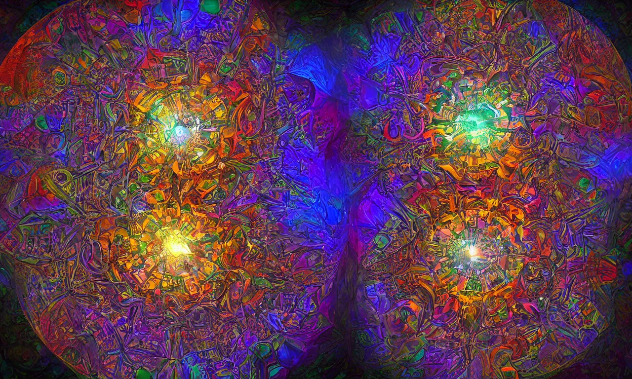 Image similar to voronoi engine laboratory 3 d volume kaleidoscope mandala fractal chakra digital multicolor stylized concept substance natural color scheme, artstation gta cover comics style by james gurney and beeple global illumination volume lighting pixar and disney tone mapping radiating a glowing aura global illumination ray tracing hdr