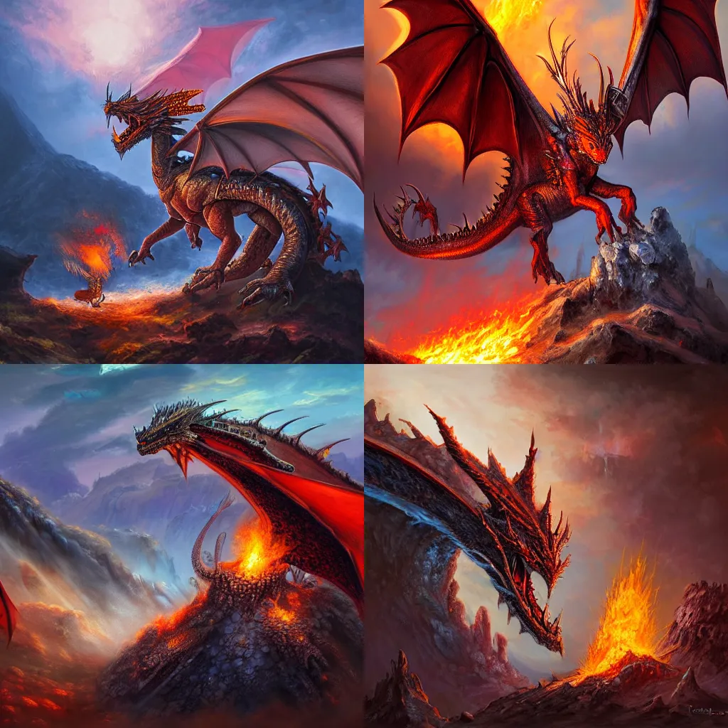 a dragon on a volcano, tony sart, fantasy art, highly | Stable ...