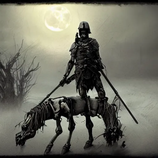 Prompt: a haunting Digital art of a tired spartan soldier riding a skeleton horse on the battlefield in the style of photo-realistic , acrylic, bleak, moonlight, detailed, dark, ominous, threatening, haunting, forbidding, gloomy,stormy, doom, apocalyptic,sinister, shadowy, ghostly,unnerving, harrowing, dreadful ,frightful, shocking, terror, hideous, ghastly, terrifying