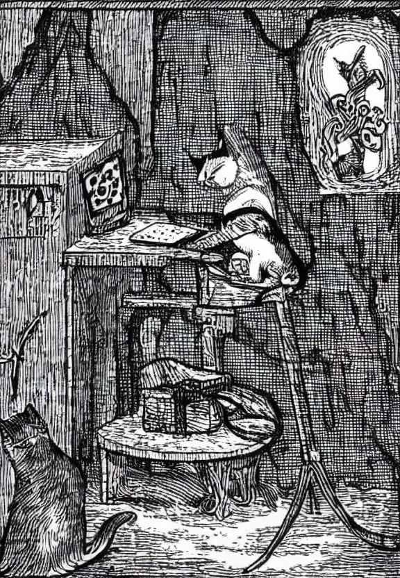 Image similar to [Dark medieval illustration of a cat watching youtube on a computer]