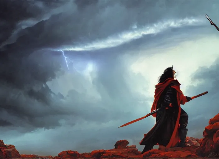 Prompt: a man with a long wavy black hair wearing a long blue coat and holding a spear stands with his back to the viewer on bare rocky ground looking up at an immense approaching lightning storm. roiling dramatic threatening dangerous looming clouds in shades of red and orange and blue and grey and black. fantasy art by greg rutkowski and michael whelan