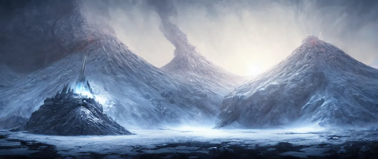 Image similar to digital painting of a frozen ice covered volcano, style of dark souls III, concept art, high angle, high detail, cold lighting, dark, vivid, beautiful, trending on artstation, by Jordan grimmer, no focus, huge scene, terrain visible