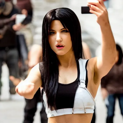 Prompt: Tifa Lockhart from Final Fantasy VII Remake (2020) taking a selfie in Italy